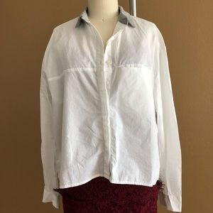 White Button-Up Top w/ Grey Collar